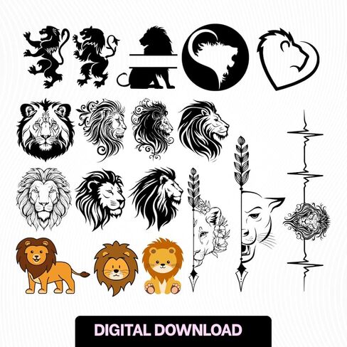 120+ Lion Svg Bundle | Dxf Pdf Png Svg Eps File Format | Instant Digital Download | Printable Home Decor Vntage Wildlife Roaring Arrow Lion Head Kids Wall Art Vector File 0038 in Kuwait