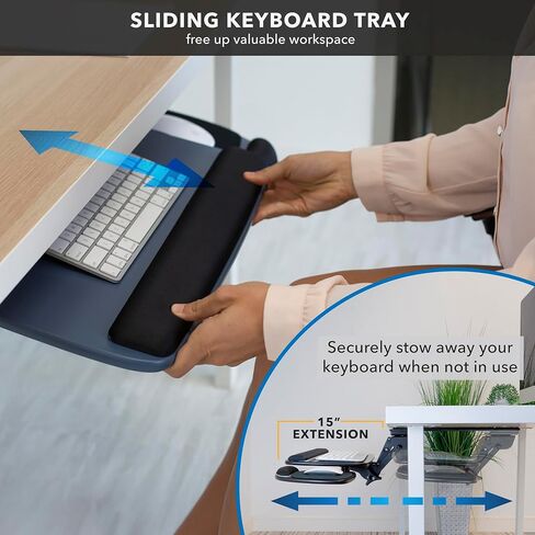 تركيبها! صينية لوحة مفاتيح تحت المكتب، منصة درج لوحة مفاتيح وماوس قابلة للتعديل مع وسادة مريحة لمسند المعصم، مسار 17.25 بوصة، أسود in Kuwait