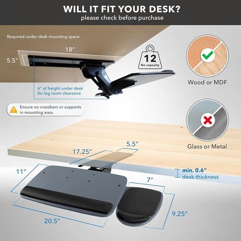 تركيبها! صينية لوحة مفاتيح تحت المكتب، منصة درج لوحة مفاتيح وماوس قابلة للتعديل مع وسادة مريحة لمسند المعصم، مسار 17.25 بوصة، أسود in Kuwait