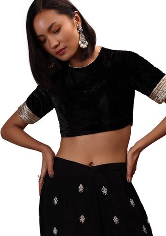Women's Stitched Velvet Blouse For Sarees || Indian Bollywood Padded Readymade Choli Crop Top Black (L-40) in Saudi Arabia