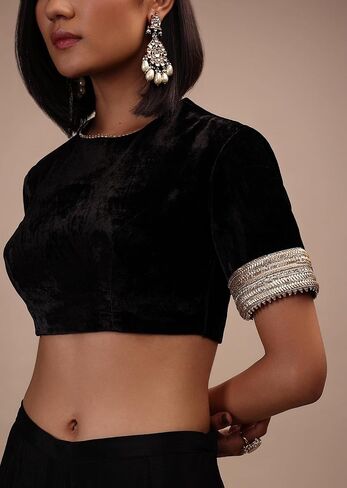 Women's Stitched Velvet Blouse For Sarees || Indian Bollywood Padded Readymade Choli Crop Top Black (L-40) in Saudi Arabia