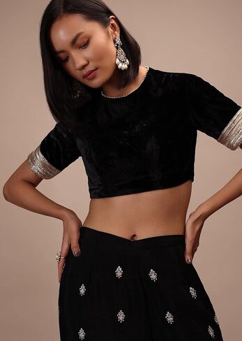 Women's Stitched Velvet Blouse For Sarees || Indian Bollywood Padded Readymade Choli Crop Top Black (L-40) in Saudi Arabia