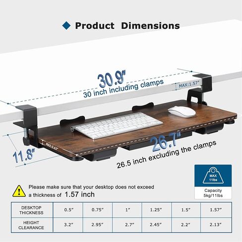 Keyboard Tray Under Desk with Drawer,26.77" X 11.81"Large Size Keyboard Tray with C Clamp-on Mount, Easy to Install, for Home Office (Mahogany) in Saudi Arabia