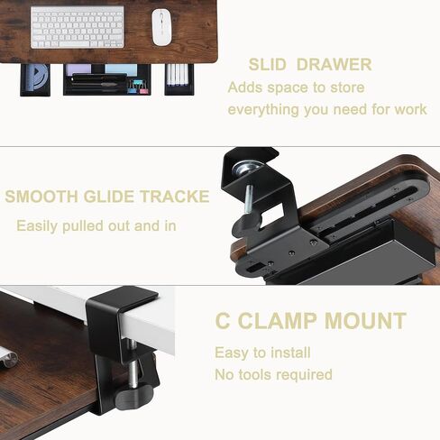 Keyboard Tray Under Desk with Drawer,26.77" X 11.81"Large Size Keyboard Tray with C Clamp-on Mount, Easy to Install, for Home Office (Mahogany) in Saudi Arabia
