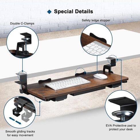 Keyboard Tray Under Desk with Drawer,26.77" X 11.81"Large Size Keyboard Tray with C Clamp-on Mount, Easy to Install, for Home Office (Mahogany) in Saudi Arabia