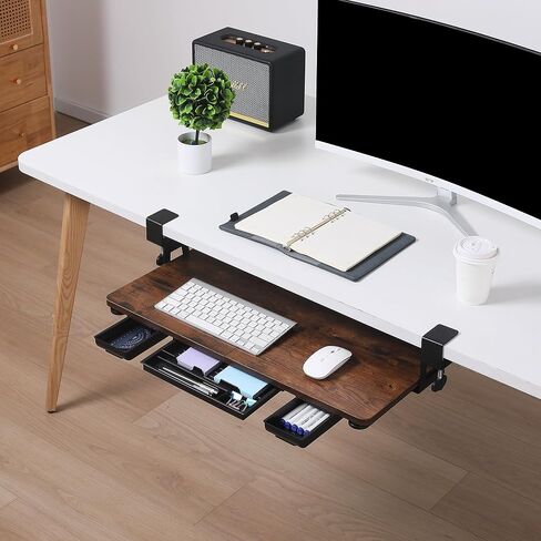 Keyboard Tray Under Desk with Drawer,26.77" X 11.81"Large Size Keyboard Tray with C Clamp-on Mount, Easy to Install, for Home Office (Mahogany) in Saudi Arabia