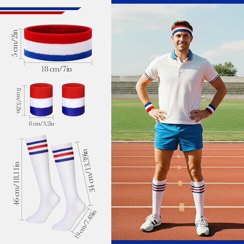 Zeyune 20 Pcs Sports Sweatband Set 4 Red White and Blue Headband 8 Wrist Bands for Sweat 4 Pairs of Socks America 250th Anniversary for Football Basketball Running Cycling, and Tennis in Saudi Arabia