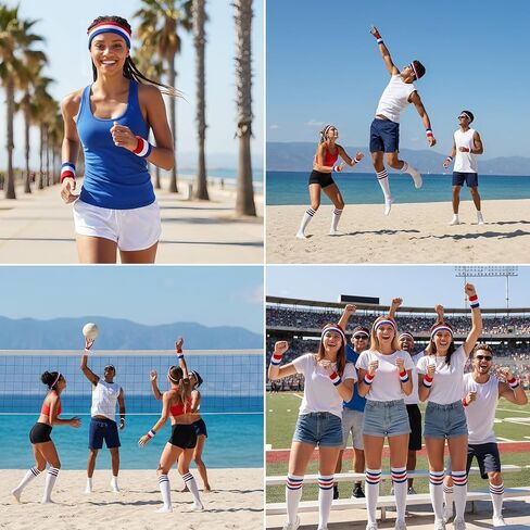 Zeyune 20 Pcs Sports Sweatband Set 4 Red White and Blue Headband 8 Wrist Bands for Sweat 4 Pairs of Socks America 250th Anniversary for Football Basketball Running Cycling, and Tennis in Saudi Arabia