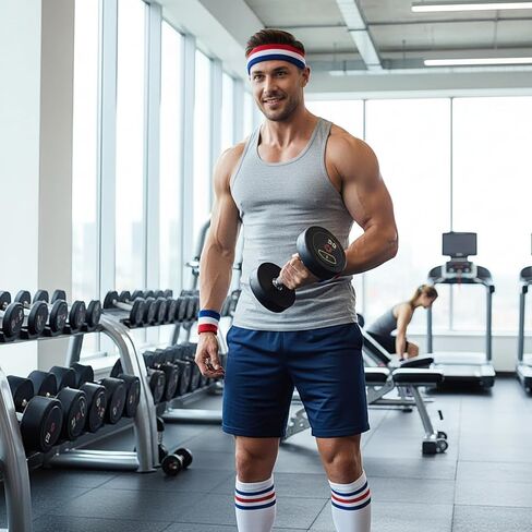 Zeyune 20 Pcs Sports Sweatband Set 4 Red White and Blue Headband 8 Wrist Bands for Sweat 4 Pairs of Socks America 250th Anniversary for Football Basketball Running Cycling, and Tennis in Saudi Arabia