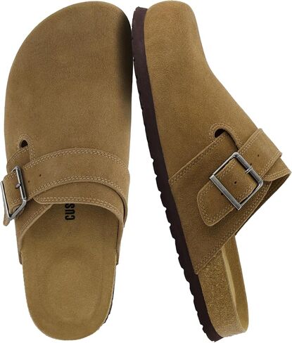 CUSHIONAIRE Hugo Genuine Leather Suede Clogs for Men – Comfortable Slip On Shoes with Adjustable Buckle, Closed Toe Mens Slides in Saudi Arabia
