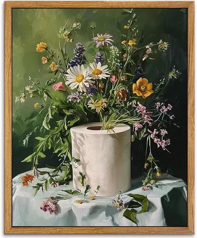 AtterrirArt Framed Funny Bathroom Wall Art, Toilet Paper Picture Painting Print, Vintage Moody Floral Wall Decor, Toilet Canvas Wall Art, Ready To Hang, 12 * 16 Inches in Saudi Arabia