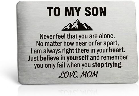 To My Son Wallet Card Engraved Stainless Steel Gifts from Mom, Inspirational Credit Card Insert for Son Birthday Graduation Christmas, Sentimental Keepsake with Grey Velvet Pouch in Saudi Arabia