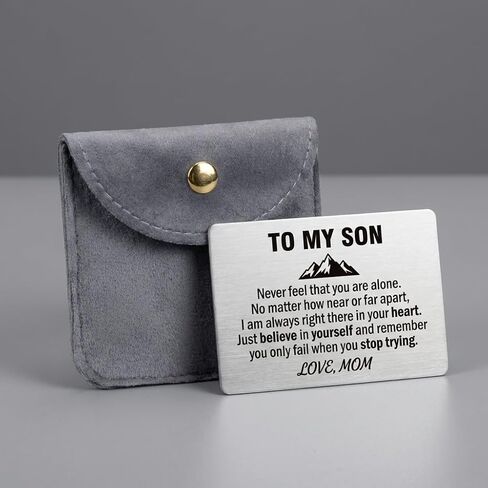 To My Son Wallet Card Engraved Stainless Steel Gifts from Mom, Inspirational Credit Card Insert for Son Birthday Graduation Christmas, Sentimental Keepsake with Grey Velvet Pouch in Saudi Arabia