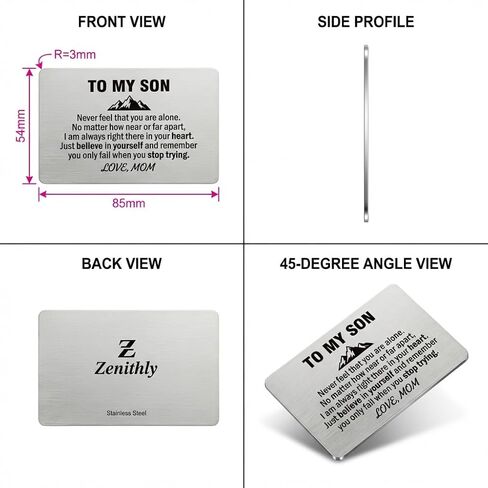 To My Son Wallet Card Engraved Stainless Steel Gifts from Mom, Inspirational Credit Card Insert for Son Birthday Graduation Christmas, Sentimental Keepsake with Grey Velvet Pouch in Saudi Arabia