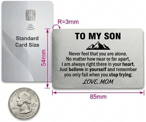 To My Son Wallet Card Engraved Stainless Steel Gifts from Mom, Inspirational Credit Card Insert for Son Birthday Graduation Christmas, Sentimental Keepsake with Grey Velvet Pouch in Saudi Arabia
