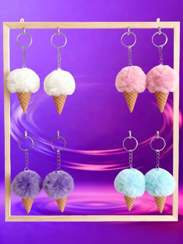مجموعة سلسلة مفاتيح Sweet Treats Ice Cream Cone Pom Pom، 8 عبوات، تصميم كرة فرو قطيفة باللون الأبيض والوردي والأرجواني والأزرق، بطول 4.7 بوصة in Saudi Arabia