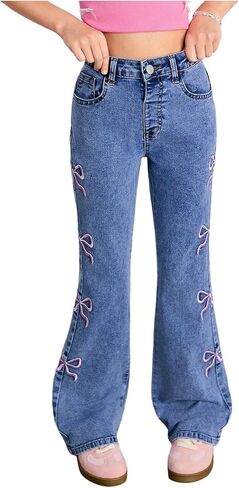 WDIRARA Girl's Bow Embroidery Flare Jeans Cute Bootcut Denim Pants with Pockets in Saudi Arabia