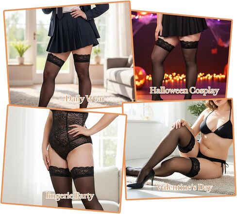 Plus Size Thigh High Stockings for Women, Anti-Slip Lace Top Thigh High Stockings for Halloween Costumes, Valentine's Day Dress Gifts (3XL) in Saudi Arabia