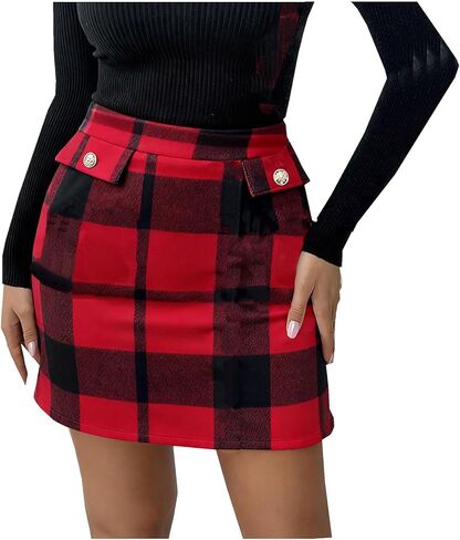 Womens Plaid Button Skirt High Waist Zipper Tight Fitting Pencil Skirt | Retro Chic Versatile Skorts for Summer in Saudi Arabia