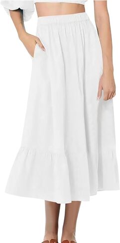 Womens Pleated Midi Skirt with Pockets - Solid Casual Summer Skort, Elastic Waist Flowy A-Line Knee-Length Skirt in Saudi Arabia