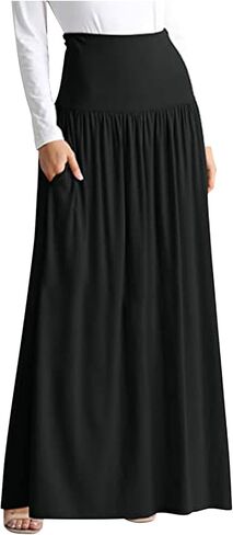 Womens High Waist Skirt with Pockets - Solid Maxi Skirt, Casual Elastic Waistband, A-Line Flowy Skort for Daily Wear in Saudi Arabia