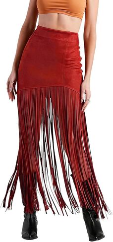 Women's Suede Fringe Skirt - Solid High Waist Slim Fit Midi Skirt, Long Ankle-Length Fringe Hem, Boho Chic Skort in Saudi Arabia