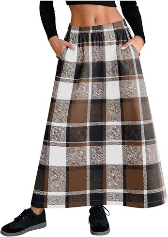 Womens Wool Midi Skirt with Pockets - Plaid Elastic Waist Skort, Side Pockets Warm Casual Skirts for Daily Wear in Saudi Arabia