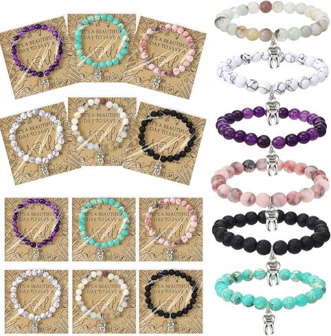 Quelay 6 Sets Dental Assistant Week Gift Tooth Bracelet Natural Stone Bracelet with Thank You Card Social Worker Gift Charm Teeth Jewelry for Dentist Assistant Accessories Women Medical Coworker in Saudi Arabia