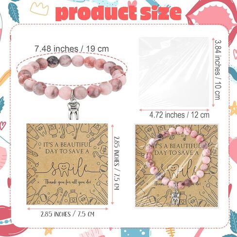 Quelay 6 Sets Dental Assistant Week Gift Tooth Bracelet Natural Stone Bracelet with Thank You Card Social Worker Gift Charm Teeth Jewelry for Dentist Assistant Accessories Women Medical Coworker in Saudi Arabia