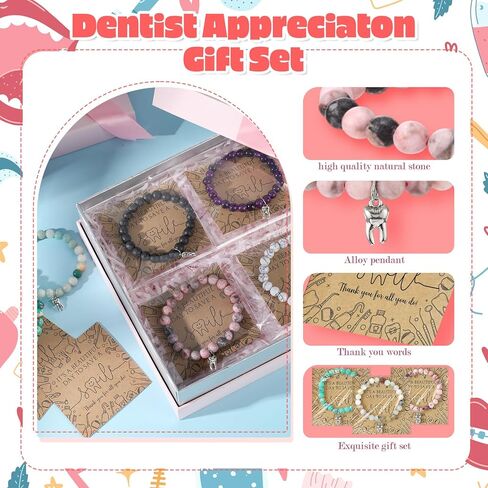 Quelay 6 Sets Dental Assistant Week Gift Tooth Bracelet Natural Stone Bracelet with Thank You Card Social Worker Gift Charm Teeth Jewelry for Dentist Assistant Accessories Women Medical Coworker in Saudi Arabia