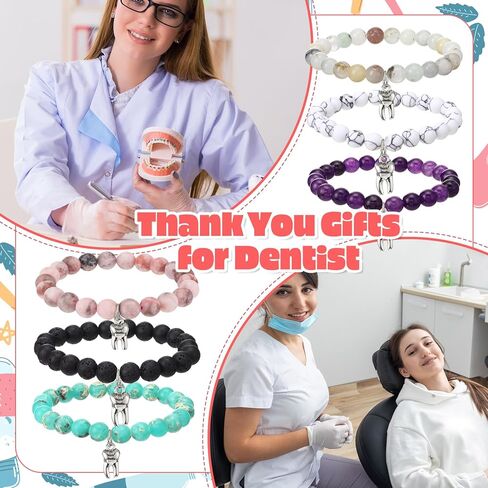 Quelay 6 Sets Dental Assistant Week Gift Tooth Bracelet Natural Stone Bracelet with Thank You Card Social Worker Gift Charm Teeth Jewelry for Dentist Assistant Accessories Women Medical Coworker in Saudi Arabia
