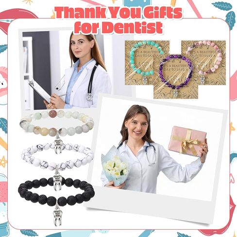Quelay 6 Sets Dental Assistant Week Gift Tooth Bracelet Natural Stone Bracelet with Thank You Card Social Worker Gift Charm Teeth Jewelry for Dentist Assistant Accessories Women Medical Coworker in Saudi Arabia