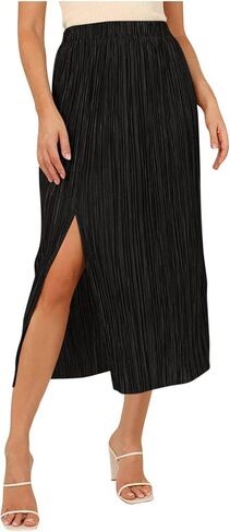 Summer Casual Pleated Skirts for Women- Solid Slit Skirt with Elastic Waist, Flowy Midi Skort for Holiday Wear in Saudi Arabia