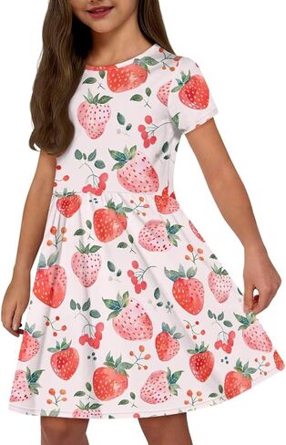 Summer Dress for Girls Crew Neck Short Sleeve Dresses Size 2-14 Years in Saudi Arabia