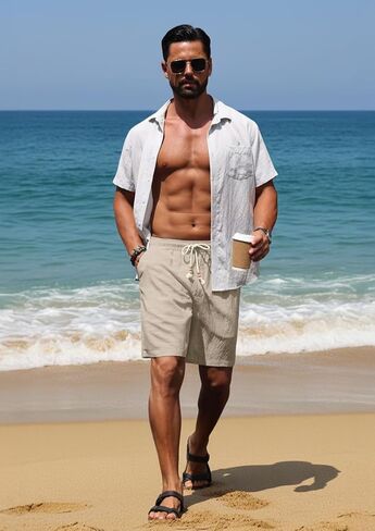 Sailwind Men’s Linen Shorts Casual Summer Elastic Waist Drawstring Lightweight Beach Vacation Shorts with Pockets in Kuwait