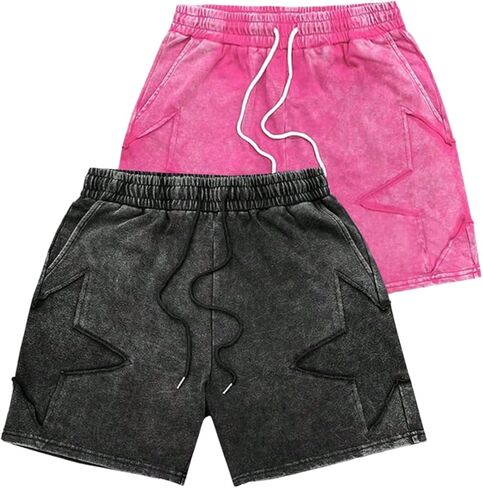 Men's 2 Pack Y2k Star Pattern Track Shorts Acid Washed Drawstring Waist Gym Shorts with Pockets in Saudi Arabia