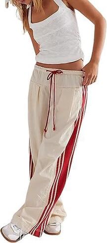 Women Grunge Linen Track Pants Y2K Emo Drawstring Baggy Wide Leg Pants Vintage Side Striped Palazzo Pant with Pockets in Kuwait