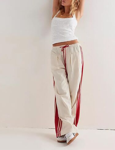 Women Grunge Linen Track Pants Y2K Emo Drawstring Baggy Wide Leg Pants Vintage Side Striped Palazzo Pant with Pockets in Kuwait