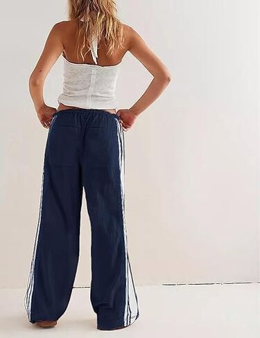 Women Grunge Linen Track Pants Y2K Emo Drawstring Baggy Wide Leg Pants Vintage Side Striped Palazzo Pant with Pockets in Kuwait