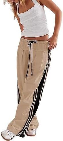 Women Grunge Linen Track Pants Y2K Emo Drawstring Baggy Wide Leg Pants Vintage Side Striped Palazzo Pant with Pockets in Kuwait