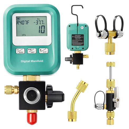 4 Pcs HVAC Digital Manifold Vacuum Gauge Refrigerant Charging, Vacuum Testing and Leak Detection with 1/4"-5/16" Port Valve Core Remover Installer Tool 1/4" SAE Connector and T-Connector in Saudi Arabia