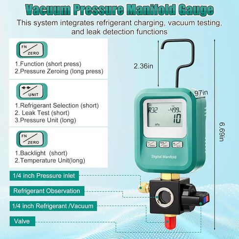 4 Pcs HVAC Digital Manifold Vacuum Gauge Refrigerant Charging, Vacuum Testing and Leak Detection with 1/4"-5/16" Port Valve Core Remover Installer Tool 1/4" SAE Connector and T-Connector in Saudi Arabia