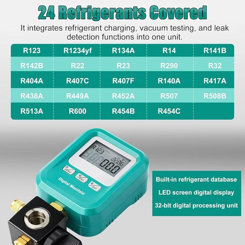 4 Pcs HVAC Digital Manifold Vacuum Gauge Refrigerant Charging, Vacuum Testing and Leak Detection with 1/4"-5/16" Port Valve Core Remover Installer Tool 1/4" SAE Connector and T-Connector in Saudi Arabia