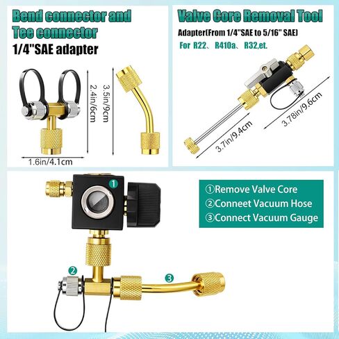 4 Pcs HVAC Digital Manifold Vacuum Gauge Refrigerant Charging, Vacuum Testing and Leak Detection with 1/4"-5/16" Port Valve Core Remover Installer Tool 1/4" SAE Connector and T-Connector in Saudi Arabia