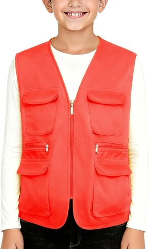 Kid's Cargo Explorer Vest for Outdoor, Adventure, Safari and Travel Wear Multi Pockets Zip Up Sleeveless Casual Outwear in Saudi Arabia