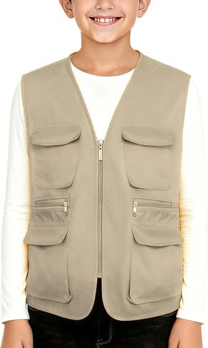 Kid's Cargo Explorer Vest for Outdoor, Adventure, Safari and Travel Wear Multi Pockets Zip Up Sleeveless Casual Outwear in Saudi Arabia