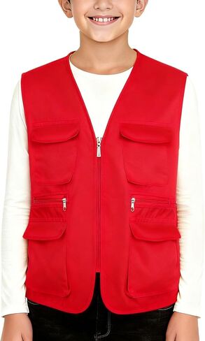 Kid's Cargo Explorer Vest for Outdoor, Adventure, Safari and Travel Wear Multi Pockets Zip Up Sleeveless Casual Outwear in Saudi Arabia
