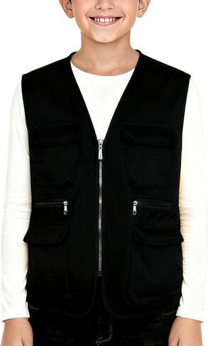 Kid's Cargo Explorer Vest for Outdoor, Adventure, Safari and Travel Wear Multi Pockets Zip Up Sleeveless Casual Outwear in Saudi Arabia