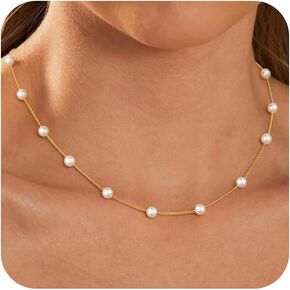 Pearl Necklaces for Women Trendy, Dainty 14K Gold Silver Plated Cross Pendant Pearl Choker Necklace for Women Adjustable Non Tarnish Beaded Chain Christmas Wedding Faith Jewelry Gifts in Kuwait