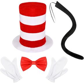 4 Pcs Cat Costume Accessories Set Include Red White Striped Top Hat Red Bow Tie Long Black Tail Gloves for Book Week Day Theme Party Dress Up in Kuwait
